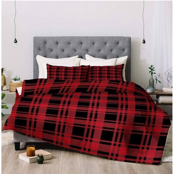 NEW Deny Designs Little arrow Red Plaid 3pc Comforter and Pillow Sham Set King - Picture 1 of 1